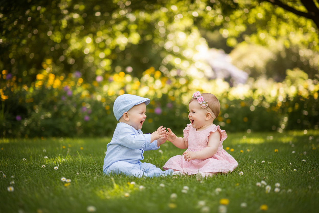 generate a baby boy and a baby girl, sitting casually in an outdoor setting
