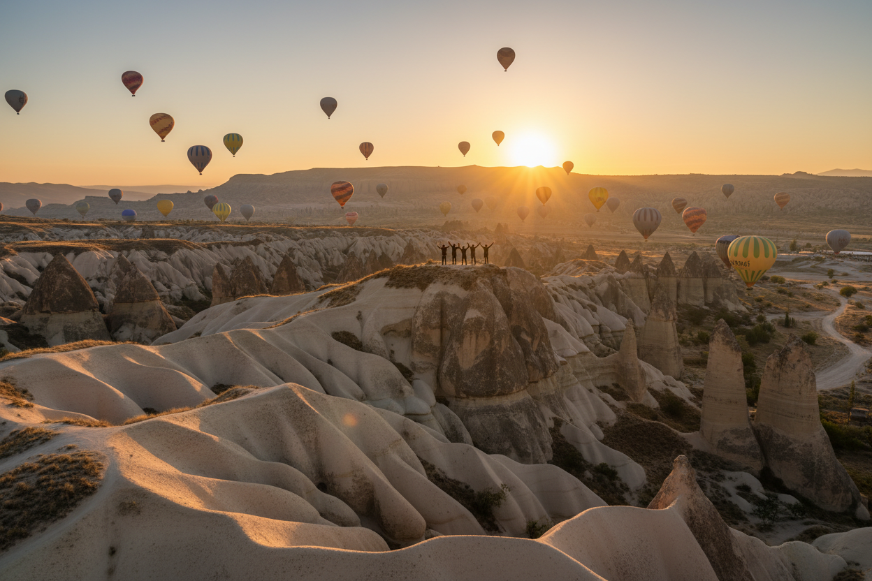 generate an image from Cappadocia and some people at a good distance waving to the camera