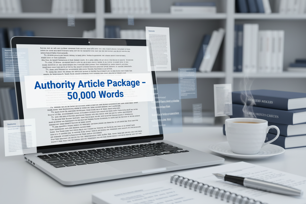 Generate an image related to content writing. This text can be added to it: Authority Article Package – 50,000 Words