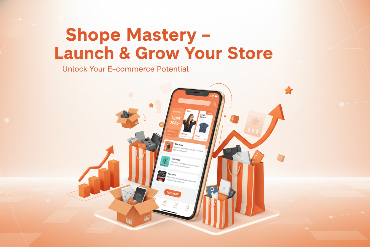 Generate an image related to Shopee Selling. This text can be added on the image: Shopee Mastery – Launch & Grow Your Store