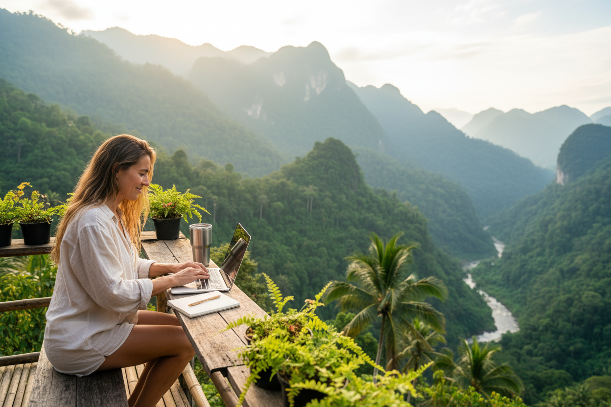 generate an image that shows freelancing, perhaps show a digital nomad woman sitting in a nice outdoor setting, keep her position in the image on the left side